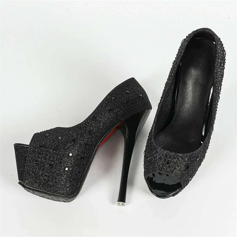 Street Style Sequined Cloth Platform Women Pumps Elegant Peep Toe Mule Shoes Sexy Stiletto High Heels Nightclub Sandals