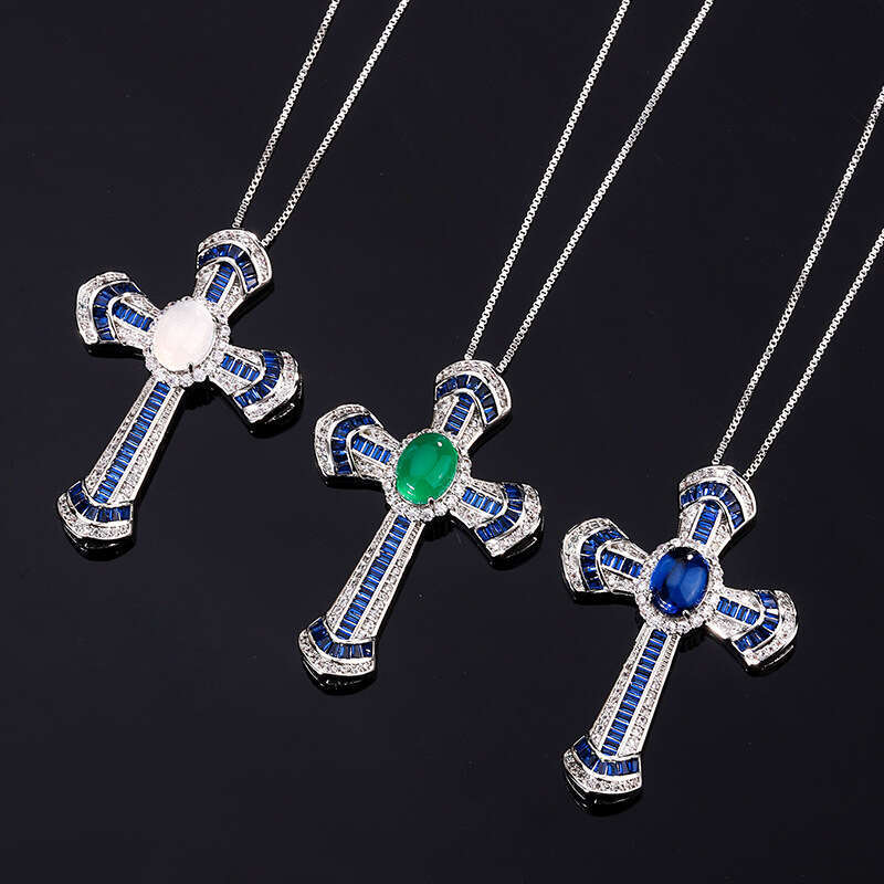 Tiktok Live Broadcast Color Zircon Royal Blue Cross Pendant Micro Set Flash Dia Geometry Necklace