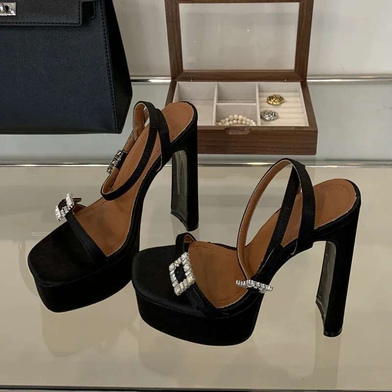 Summer Fashion Platform Heels Narrow Band Square Toe Woman Sandals Buckle Strap Party Dress Shoes