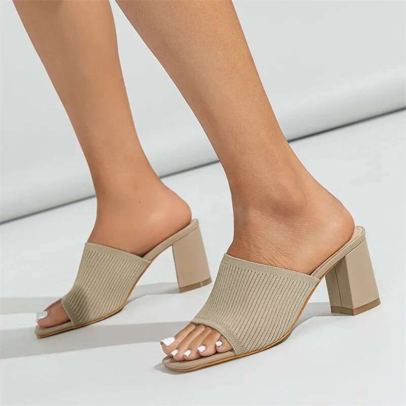 Design Cozy Elastic Fabric Women Slippers High Quality Summer Shoes Concise Square Chunky Heels atos De Mujer
