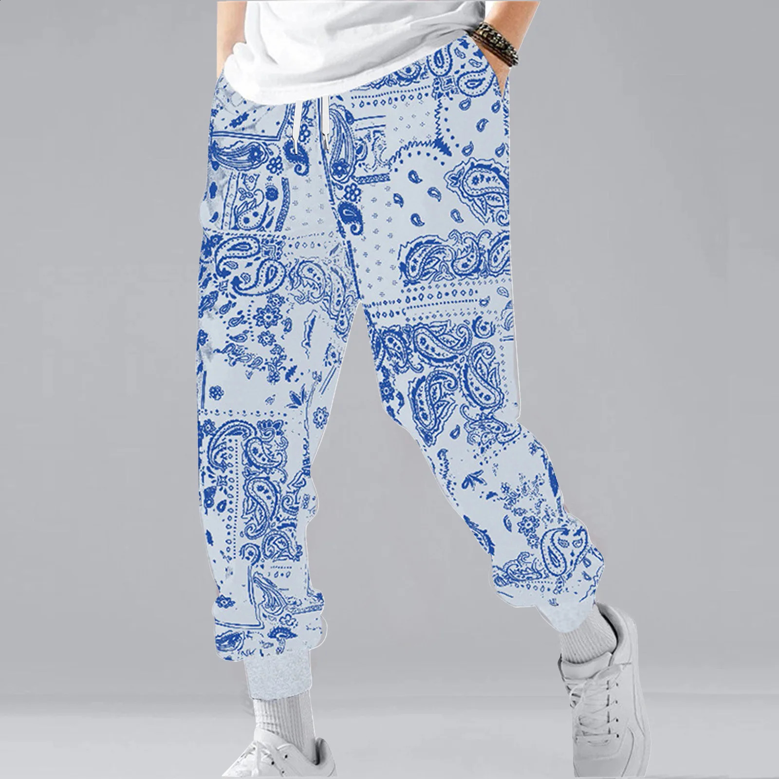Retro Print Long Sweatpants Mens Elasticated Waist Casual Trousers Drawstring Pockets Autumn Winter Jogger Trousers Mens 250214