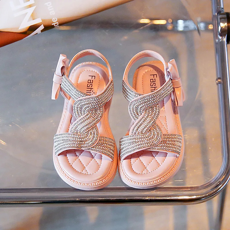 Girls Sandals Fashion Pearls Cute Bow Summer Princess Shoes Soft Flats Rhinestone Children Beach Kids Footwear Size 23-36 H06134 250219