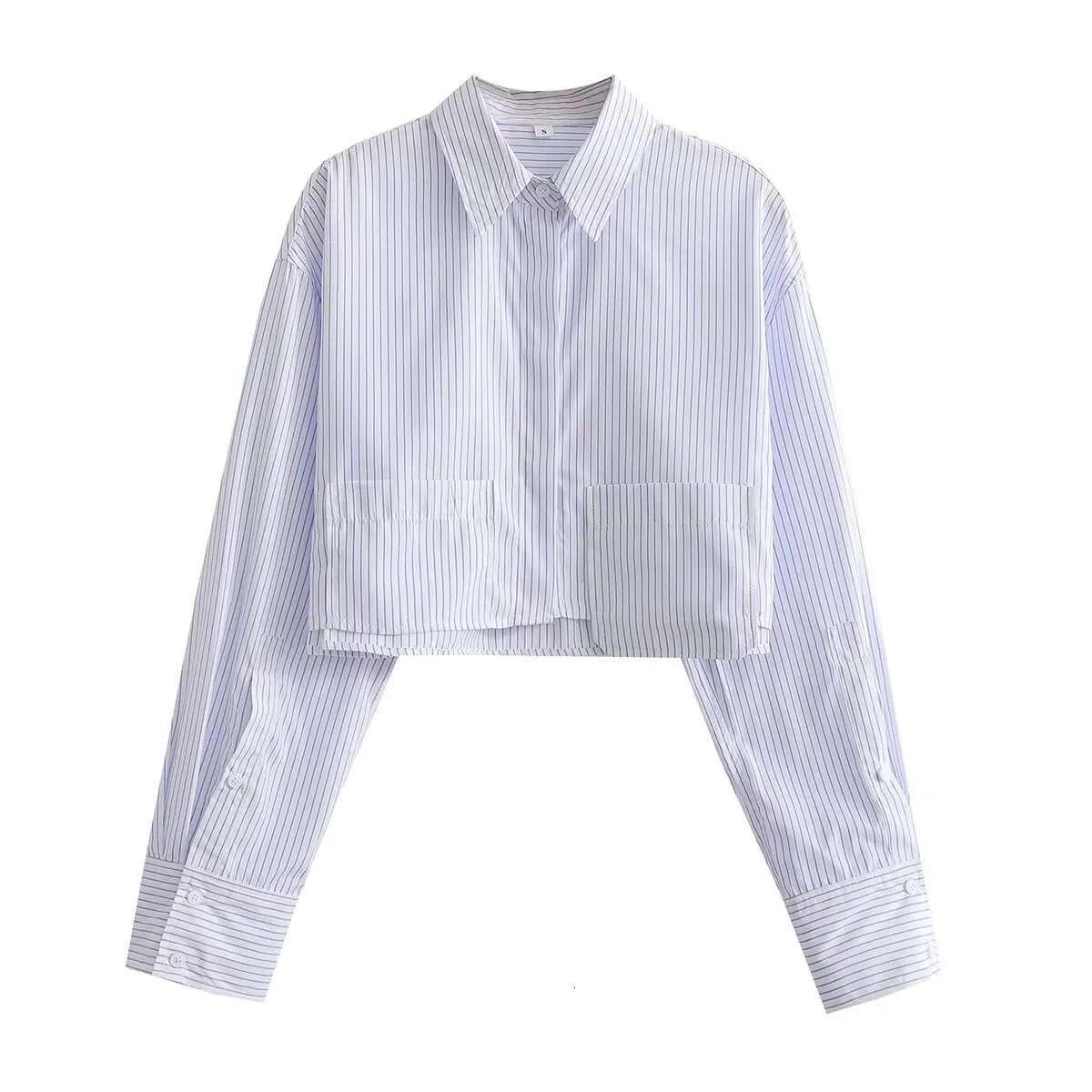 Striped For Summer Crop Top Female Long Sleeve Oversize And Blouses Women Pockets Button Up Shirts