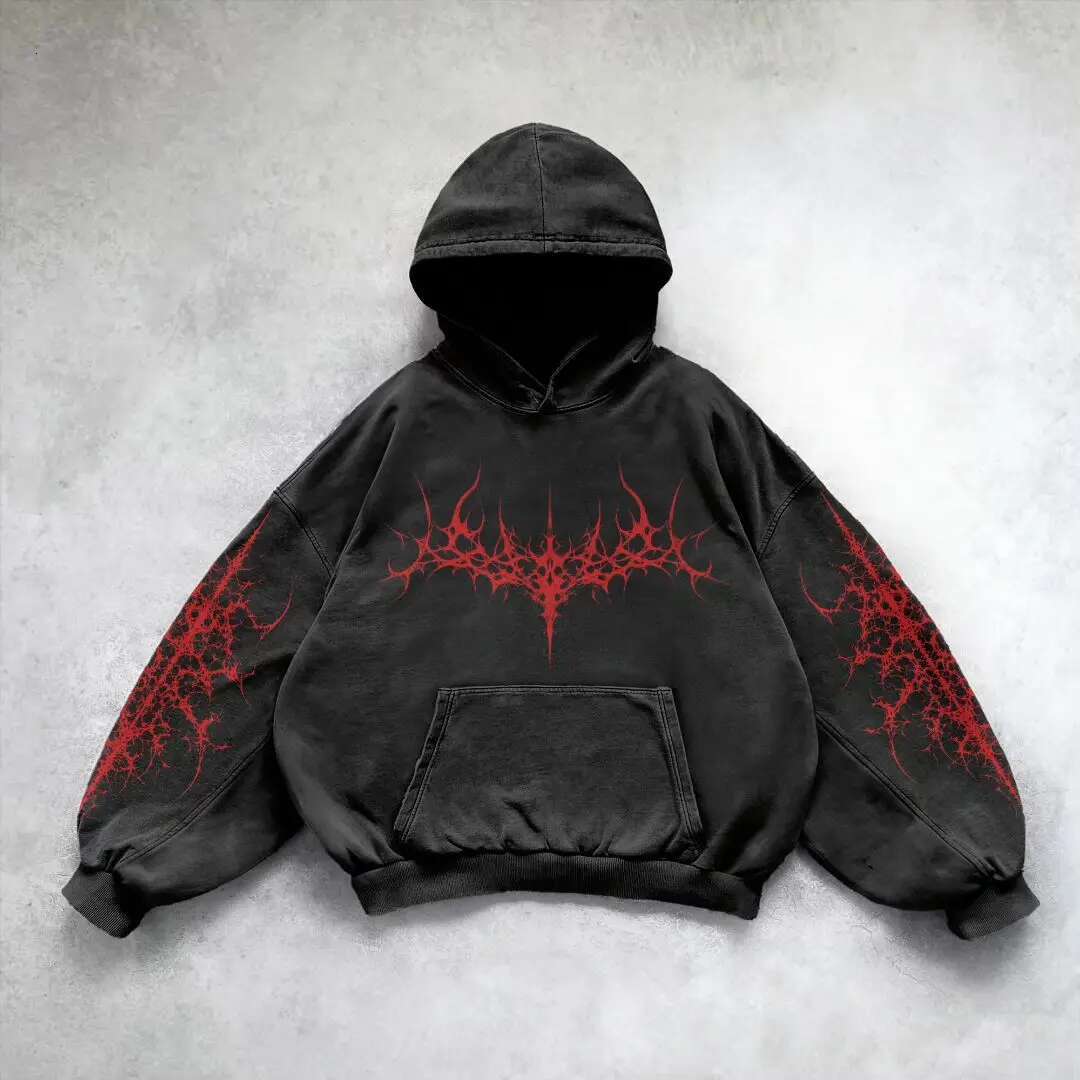 Y2k Hoodie Gothic Punk Oversized Graphic Print Black Hoodies Loose Haruku Long Sleeved Pullover Men and Women Sweatshirt Top