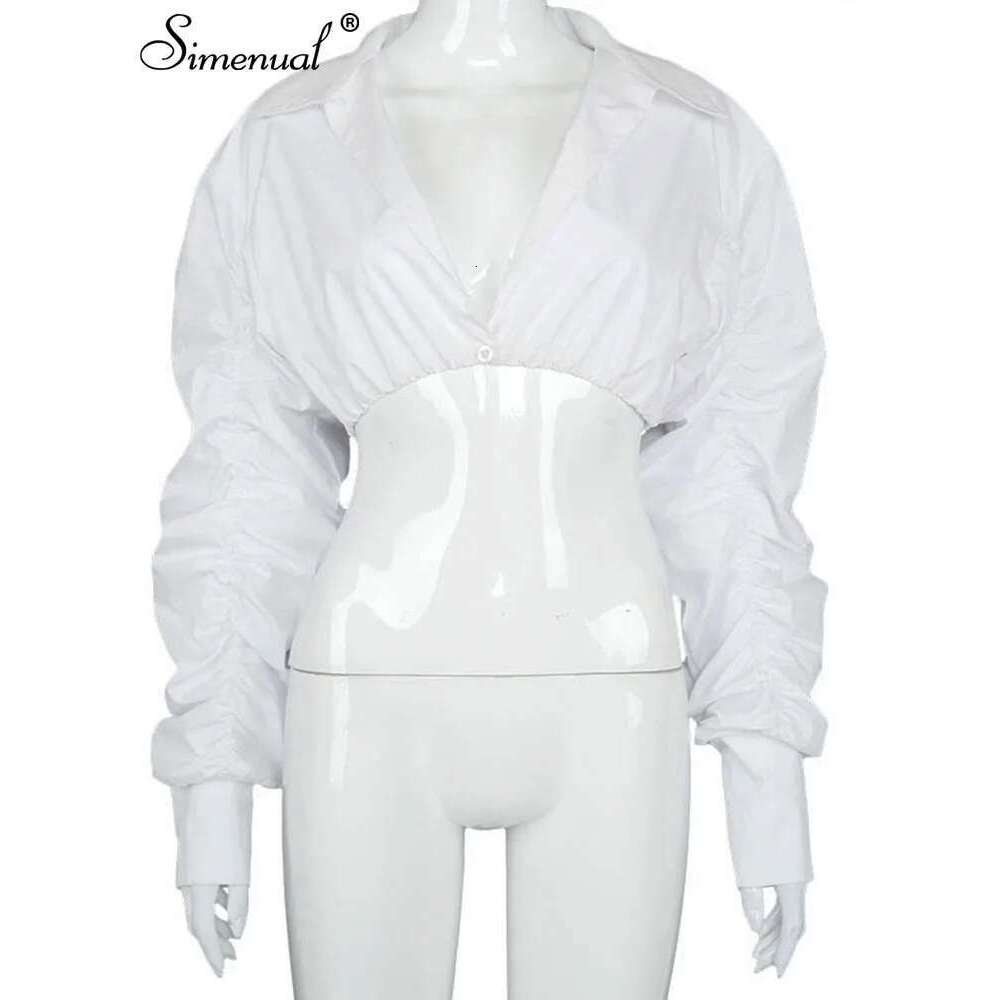 Simenual Button Ruched White Puff Sleeve Blouse Shirts Women Long Sleeved Fashion Fall 2021 Clothing Crop Blouses Solid Baddie
