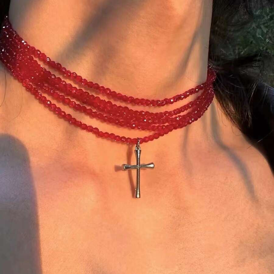 Cross Multi layer Stacked Bead Female and Male Subcultural Jewelry y2k Design Sense Clavicle Chain New