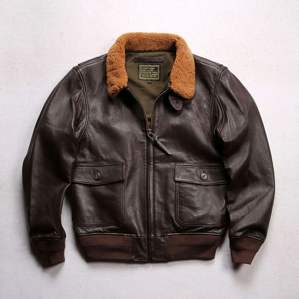 M422A Asian Size Men's Slim Vintage Genuine Cow Leather Wool Collar G1 Jacket