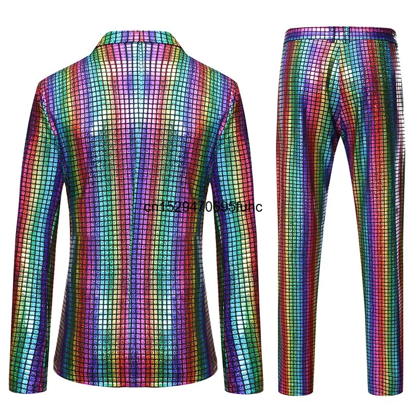 Mens Stage Prom Suits Shiny Rainbow Plaid Sequin Jacket Pants Men Dance Festival Christmas Halloween Party Costume Men 250213
