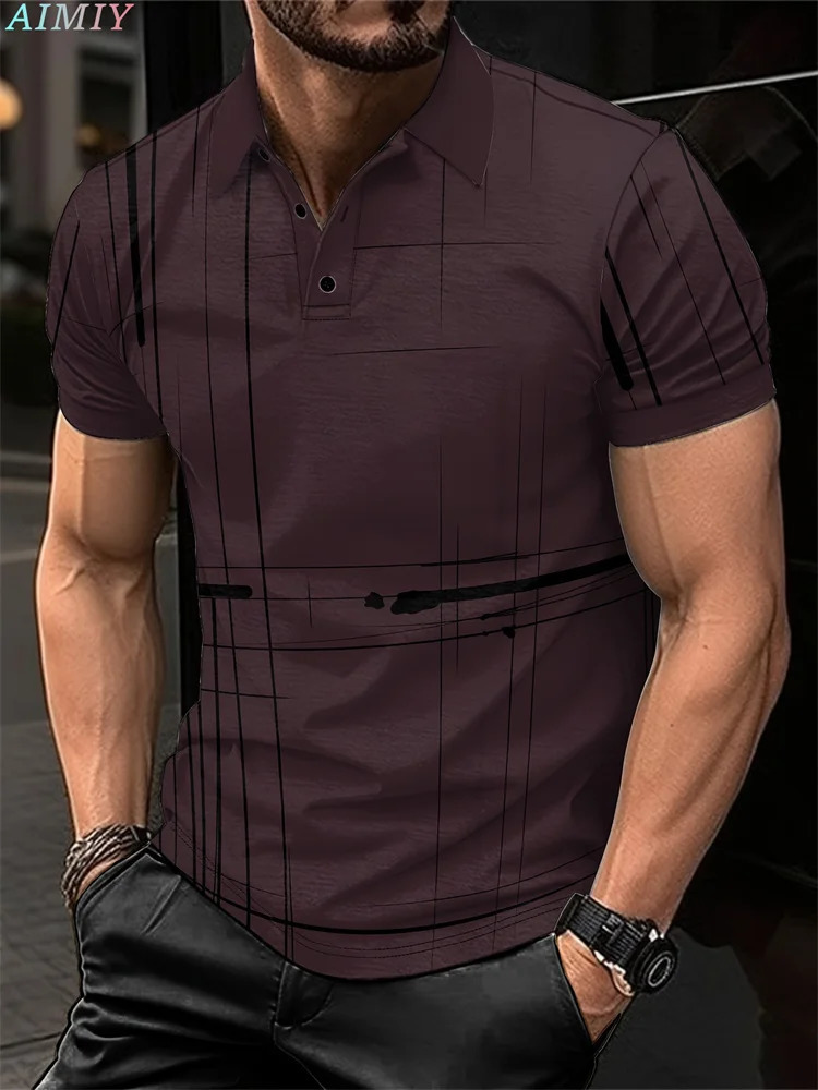 Summer Mens Short Sleeved Polo Shirt 3D Striped Digital Printed Business Casual Zipper Lapel Button Top 2025 250219