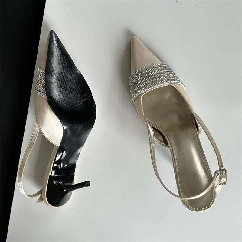 CRYSTAL Rhie Silk Women Pumps Sexy Sgbacks Buckle Strap Prom Thin Heels Elegant Sandals Mule Shoes