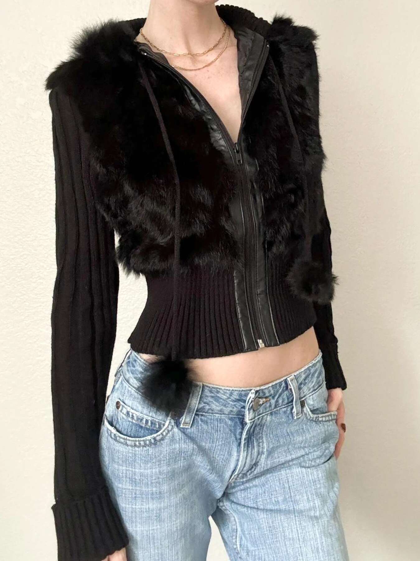 Cuteandpsycho Zip Up Fur Patchwork Drawstring Hoodie Coats Solid Vintage Winter Women's Jackets Casual Streetwear Basic Clothes