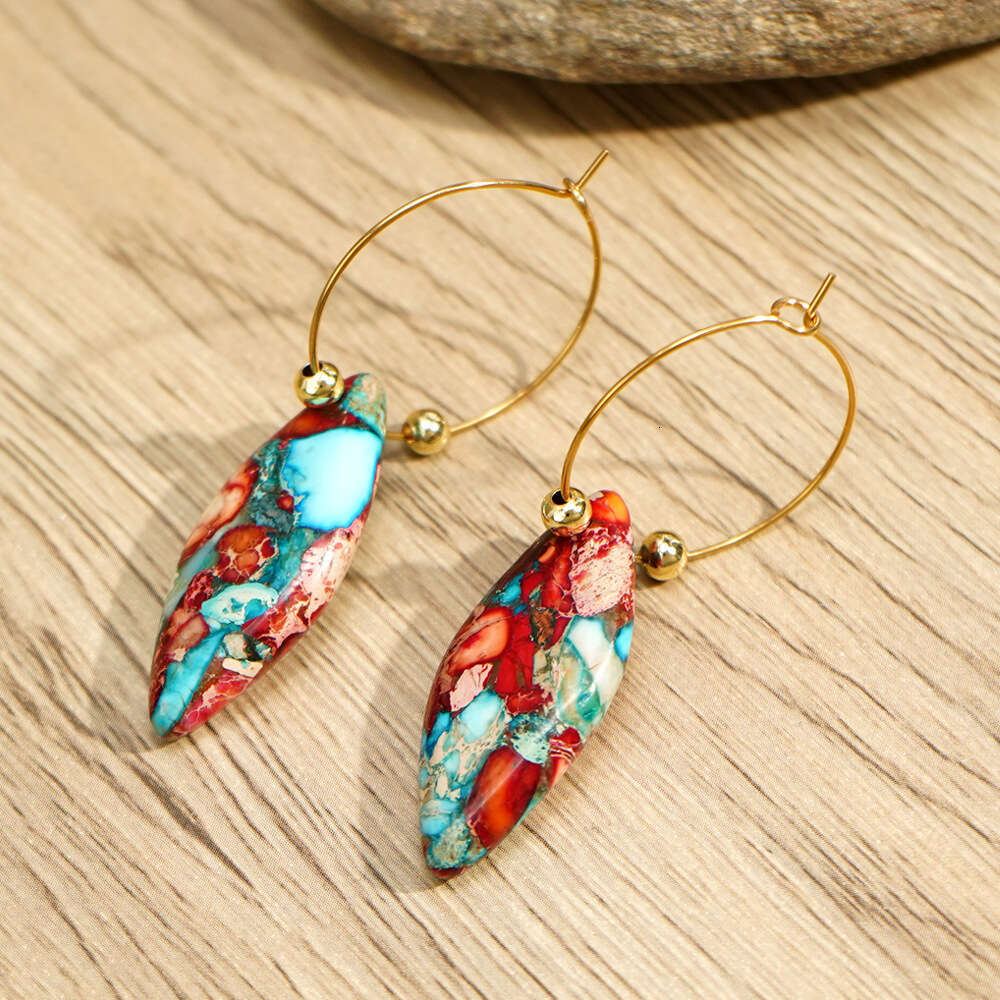 New Bohemian Rice Shaped Blue and Red Emperor Stone Pendant Earrings Popular Ins Ear Accessories