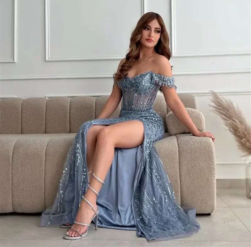 Long Beaded Evening Dresses 2024 Off Shoulder High Split Detachable Satin Skirt Prom Gown Dress for Special Ocns