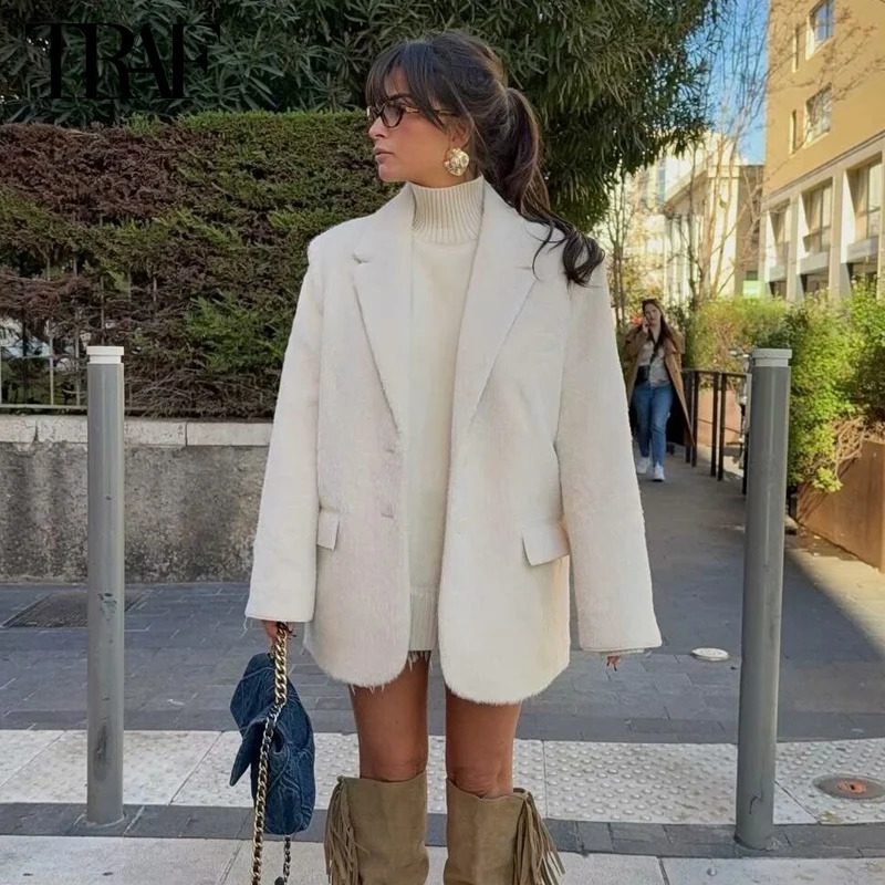 TRAF Faux Fur Womens Blazers Fashion Outerwears Straight Long Blazer Woman Sleeve Coats and Jackets for Women 250213