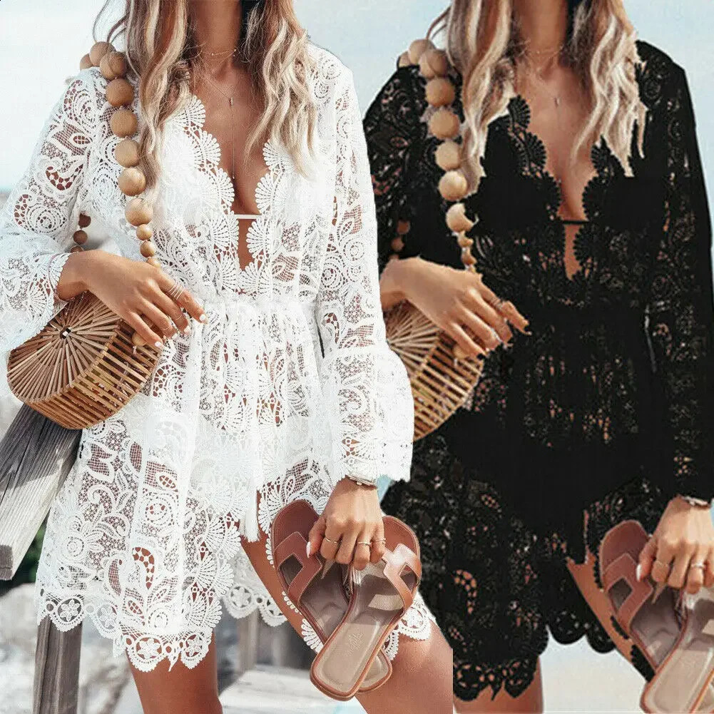 Boho Crochet White Knitted Vneck Scallop Trim Lace Dres Beach Sundress Tunic Pareos Bikinis Cover Ups Robe Beachwear 250212
