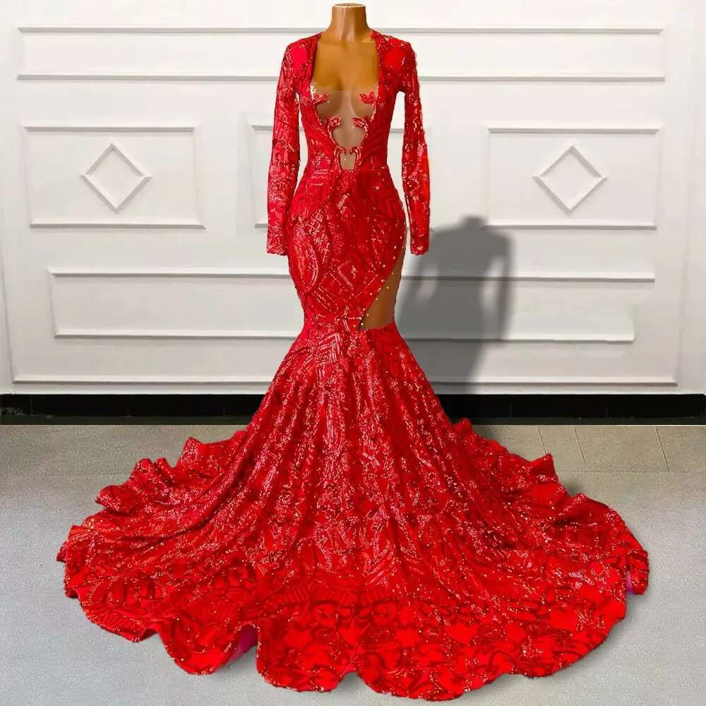 Sparkly Sequined Red Prom Black Girls Mermaid Open Back Long Sleeves Evening Gown Birthday Party Gala Dresses