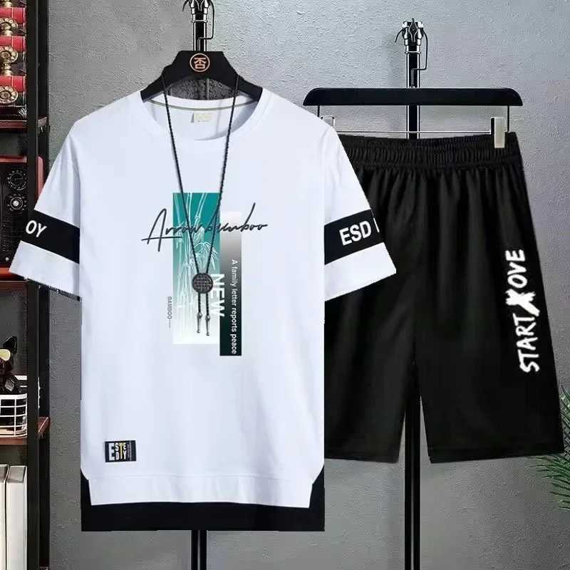 T-Shirt for Men Set Black White Sports T-shirt Shorts Two Piece Casual Set Mens Fashion Trend Short Sleeve Tshirt PrintedXJ250218
