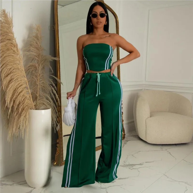 Sexy Strapless Set Striped Ribbon Crop Tube Top Wide Leg Pants Suits Summer Streetwear Two 2 Piece Set Casual Womens Outfits 250218