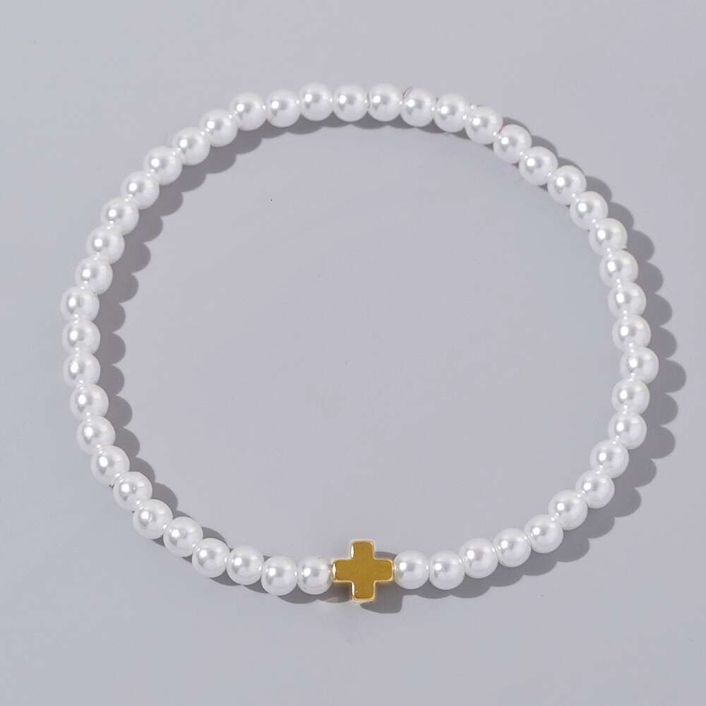 Fashionable and Personalized Iron Gallstone Cross Imitation Pearl Stacked Bracelet, Copper Bead Beaded Women's Bracelet