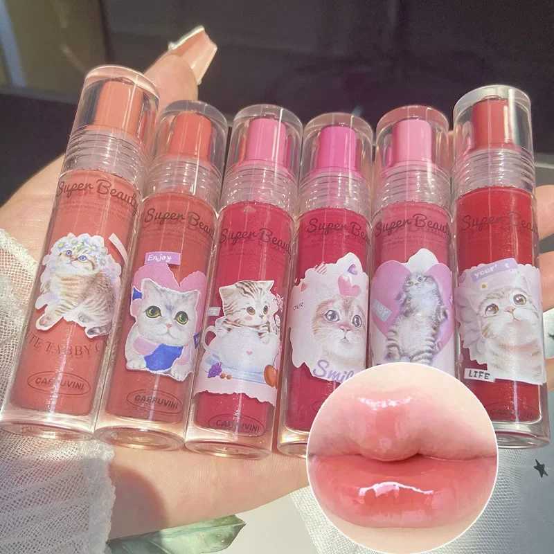 Lovely Cat Lip Glaze Jelly Mirror Liquid Lipstick Non-stick Cup Red Pink Lip Gloss Transparent Tinted Girls Cute Makeup CosmeticW250219