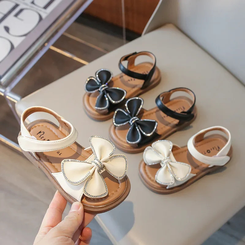 Girl Sandals Summer Children Princess Flat Sandals Fashion Sweet Bowknot Kids Causal Beach Shoes Open-toe Soft Bottom 250219
