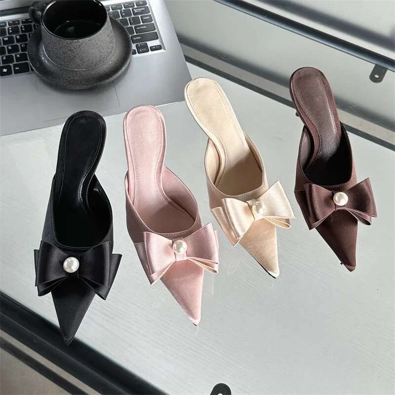 Spring Sexy Butterfly-knot Women Slipper Pointed Toe Slip On Ladies Shoes Elegant Thin Heel Mules Dress Sandals