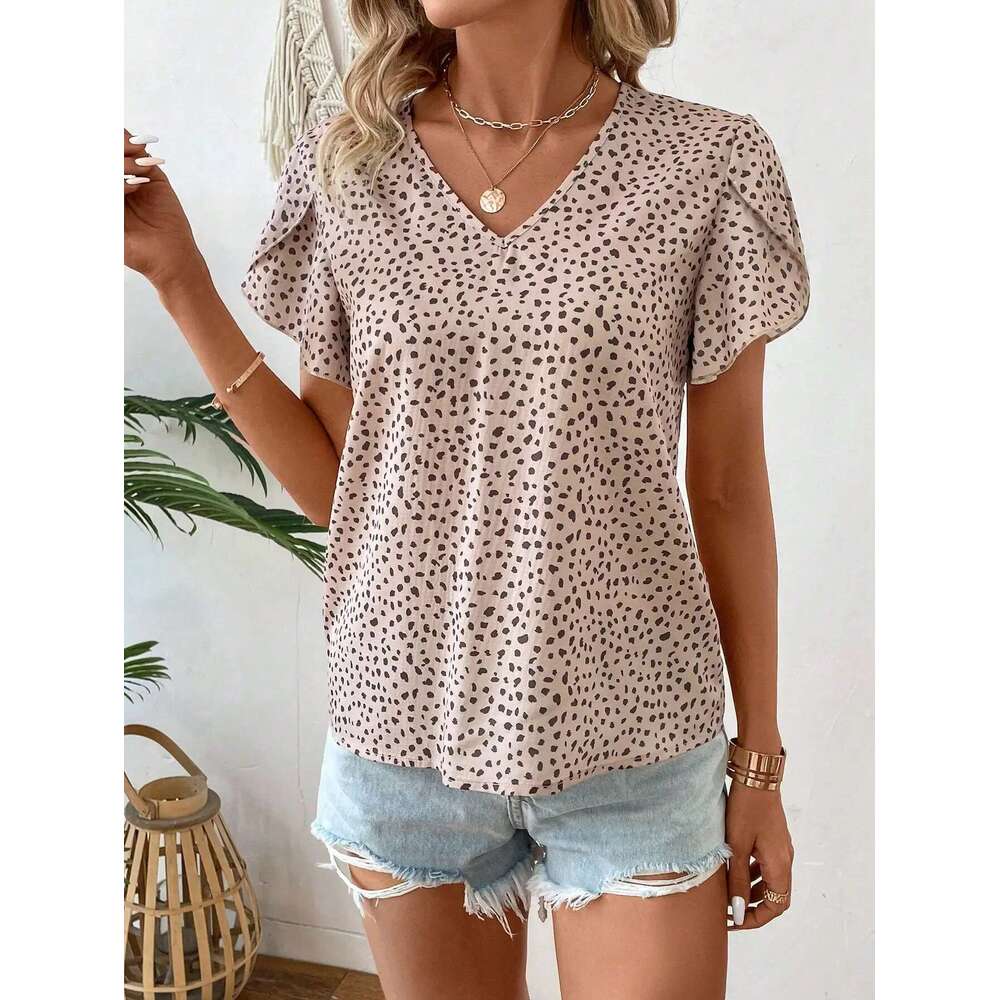 Elegant Small V-Neck Short Petal Sleeve Woven Casual Women's Shirt