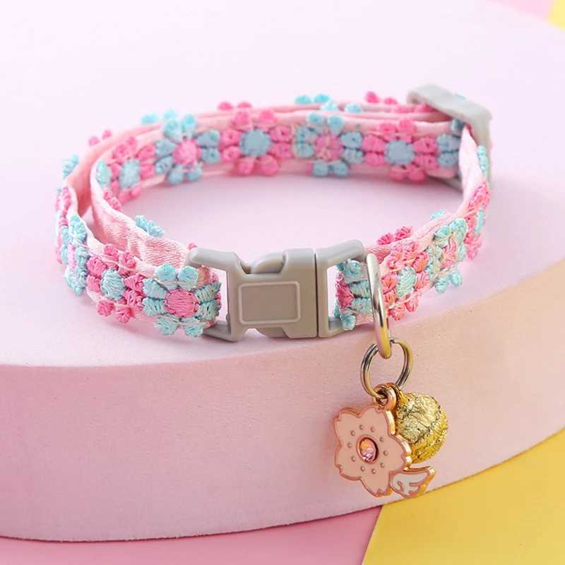 Fashionable Rainbow Flower Cat Collar with Bell Small Cat and Dog Necklace with Adjustable Buckle Colorful Lace Small Cat Collar Dog Accessories W2502