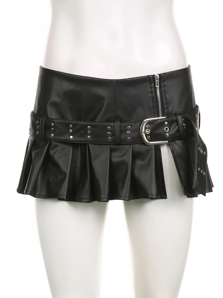 Rockmore PU Leather WomenS Mini Skirt Belt Low Waist Gothic Black Vintage y2k Streetwear Zipper Pleated Harajuku Korean 250213