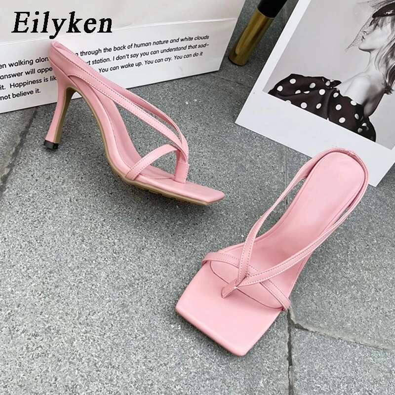 2025 New Slipper High Heels Shoes Fall Best Street Look Females Square Head Toe Clip-On Strappy Women Sandals Slides
