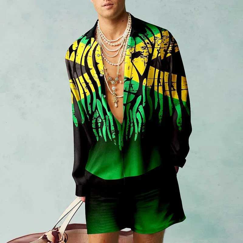 Hawaii Beach Set Mens Casual Outdoor 3D Koi Print Abstract Long Sleeve Shirt 2-piece Set Breathable Wide Beach Shorts SetsXJ250218