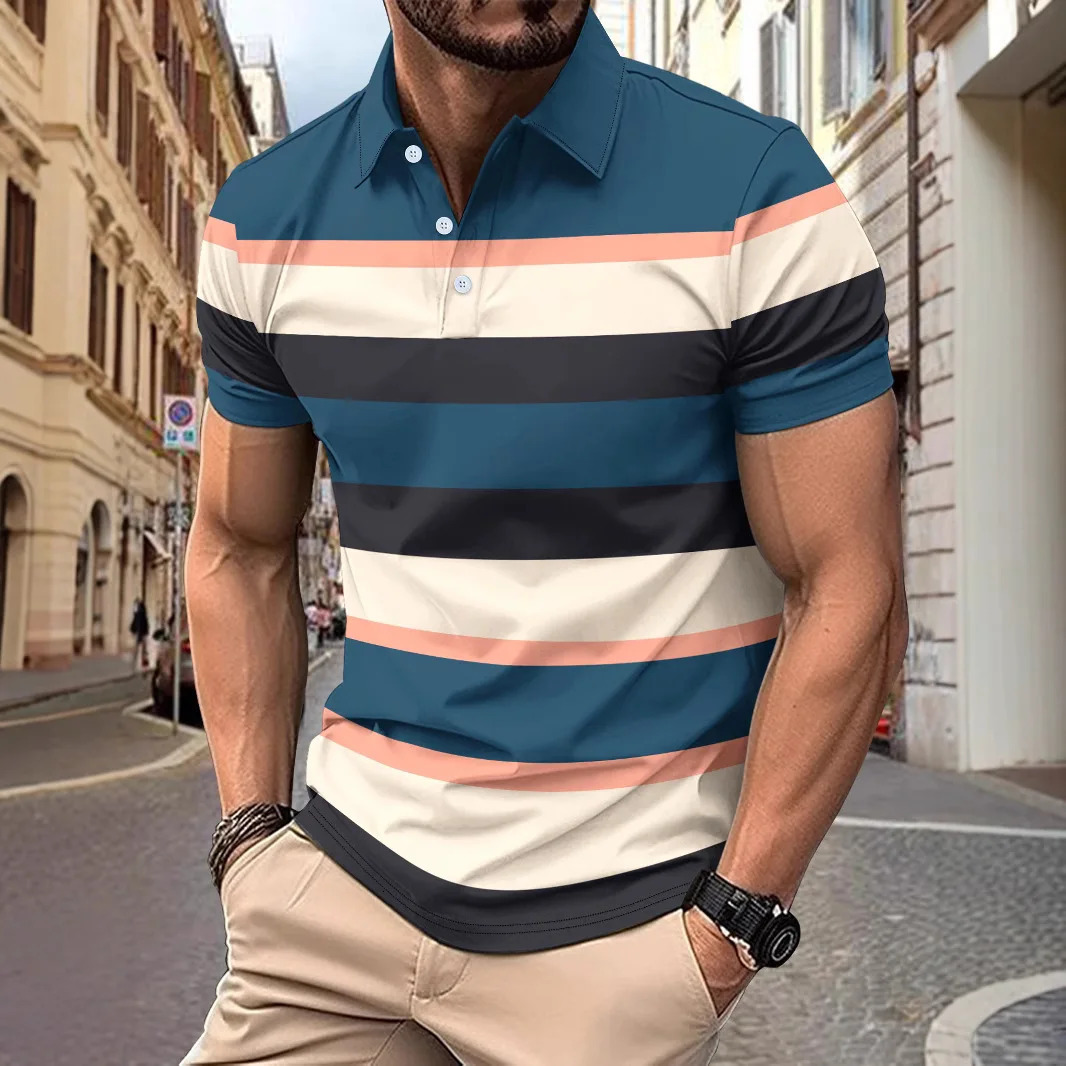 Summer Striped Patchwork Mens Polo Tshirt Fashion Lapel Button Sports trend Street Wear Short Sleeve Top 250219