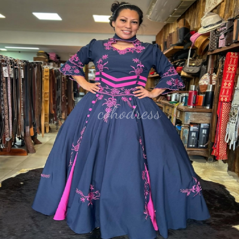 Unique Navy And Hot Pink Evening Dress Victorian Gothic Steampunk Prom Dress Embroidery Charro Carnival Flamenco Formal Gown Vestio De Novia Charming 