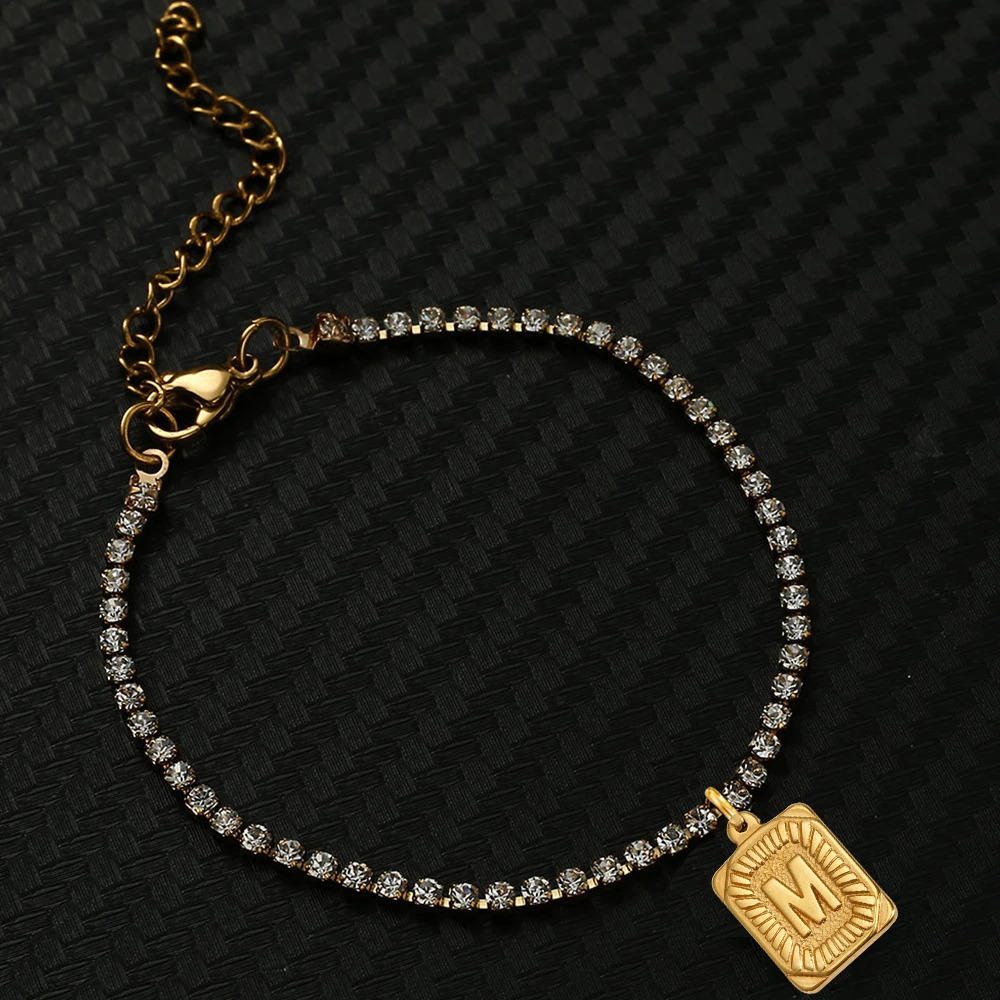 26 Initial Bracelet Women Gold Plated 2MM CZ Tennis Chain AZ Alphabet Charm 316L Stainless Steel Birthday Gifts Jewel 250213