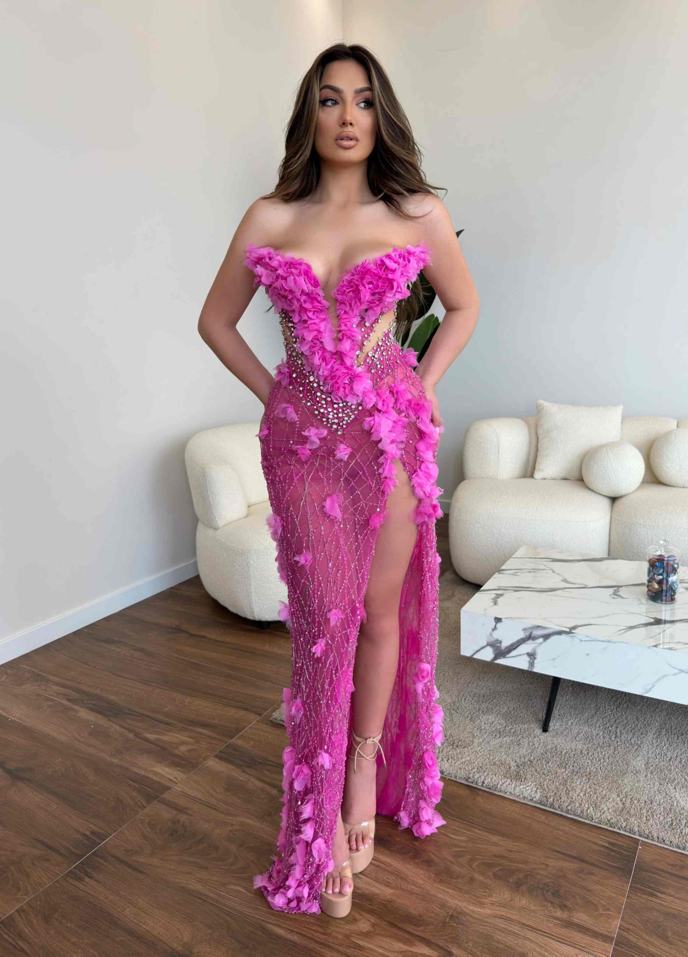 Fuchsia Mermaid Prom Dresses 3D Flowers Beading Special Occasion Dress Sexy High Split Evening Gowns Customized