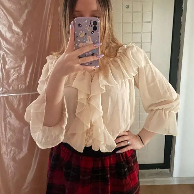 V-Neck Sexy Shirts Women Summer See Through Boho Mesh Blouse Ruffle Flare Sleeve Elegant Peplum Tops Ruffles Ladies Blusas 13459