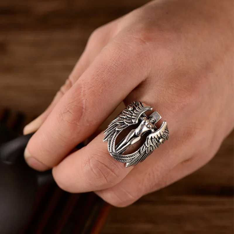 Retro Cross Angel Wings Ring For Men Silver Color Punk Gothic Open Ring Handmade Rock Hiphop Unisex Jewelry Accessories Man GiftXJ250219
