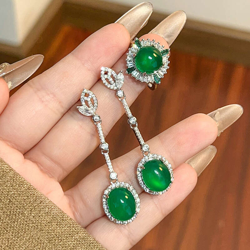 New set of copper jewelry S sier needle inlaid high ice green chalcedony goddess long earrings ring