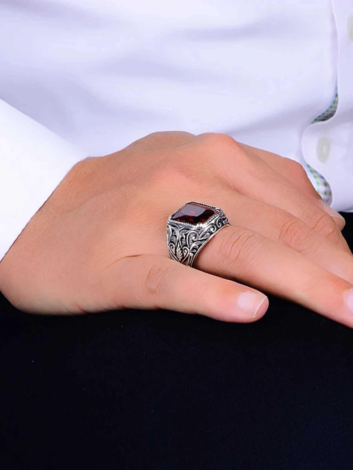 Vintage Handmade Turkish Signet Ring For Men Women Ancient Silver Color Carved Ring Red Yellow Zircon Inlay Punk Motor BikerXJ250219
