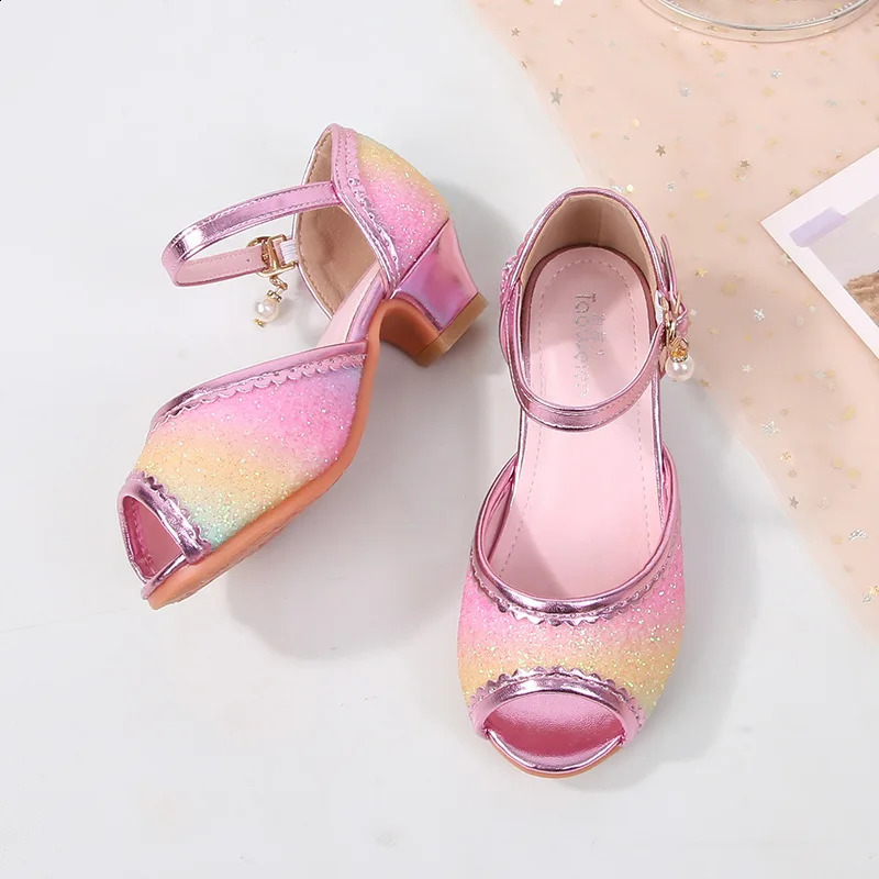 Sweet Girl Princess Dress Sandals Rainbow Sequins Children High Heels Glitter Spring Summer Kids Casual Shoes for Wedding Party 250218