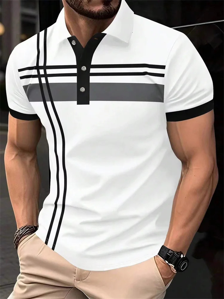Fashion Stripe Print Polo T Shirt For Men Casual Lapel Loose Short Sleeve Tops Business Golf Clothing Comfortable Trend Tshirt 250219