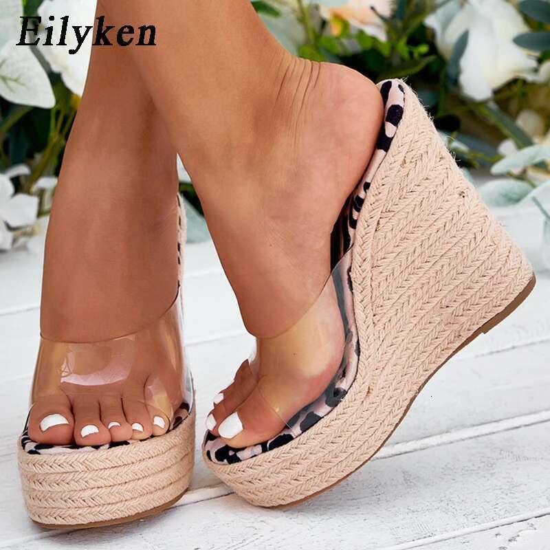 PVC Transparent Peep Toe Leopard Grain Platform Wedges Slippers Sandals Women Fashion High Heels Female Shoes