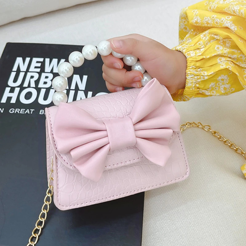 Cute Bowknot Childrens Coin Purse Fashion Pearl Handle Princess Handbags Pu Leather Girls Shoulder Bags Chain Crossbody Bags 250219