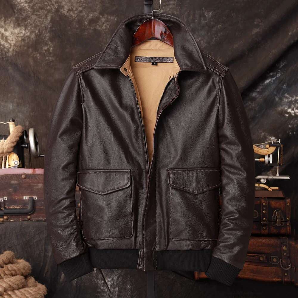 Bomber A2 Pilot Genuine Jacket Men Warm 100% Cow Leather Air Force Coat Dark Brown Men's Cowhide Motorcycle Jackets