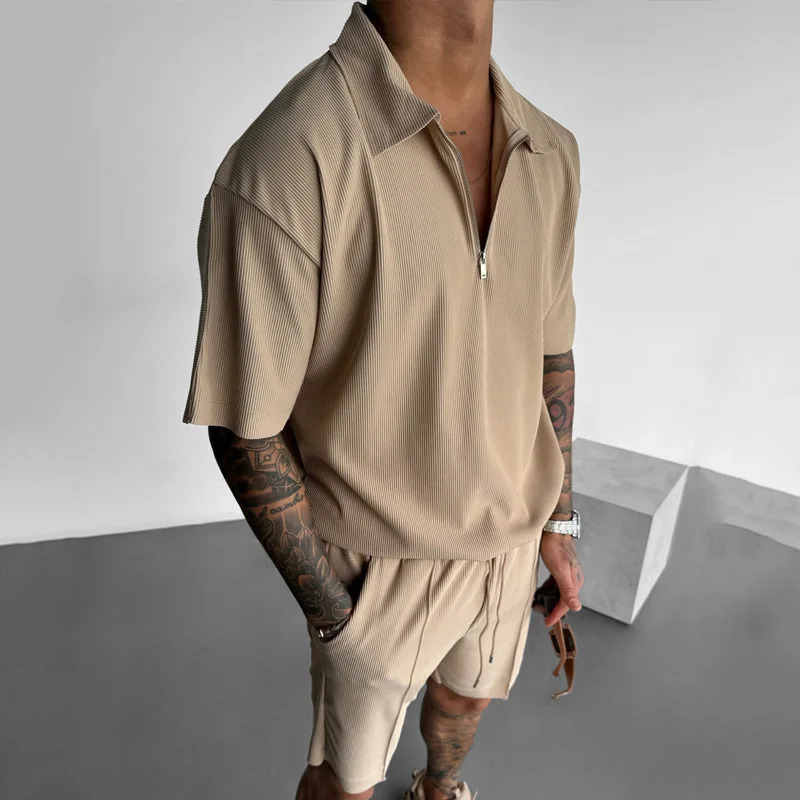 Summer Mens Suits Zipper Polo Casual Short Sleeve Drawstring Shorts Set 250219