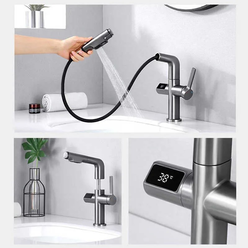 LCD Digital Display Bathroom Basin Faucet Pull out Basin Tap Hot Cold Bathroom Kitchen Faucet Brass Deck Mount Sink Mixer Tap