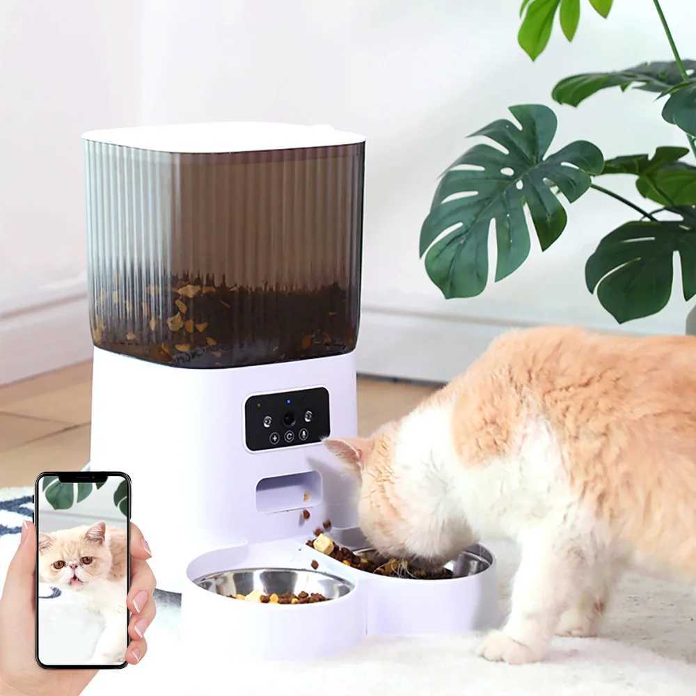 Dog Feeders 5L Double Bowls Smart Automatic Cat Feeder With Camera Cat Dry Food Video Dispenser Pet Smart Voice Recorder Auto Feeder For Dog H250218