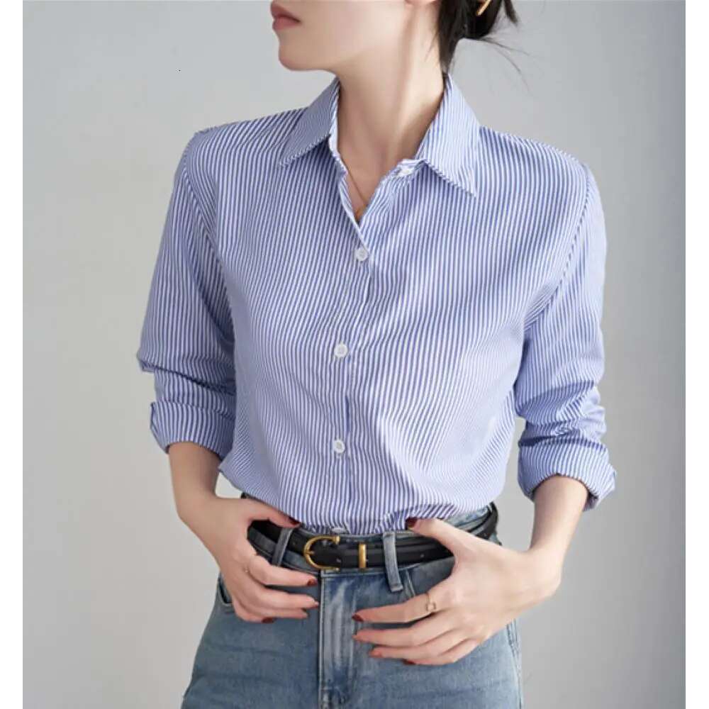 Blue Striped Women Loose Spring Autumn Casual Long Sleeves Shirt Fashion Clothes For Ladies Office Lady Wear