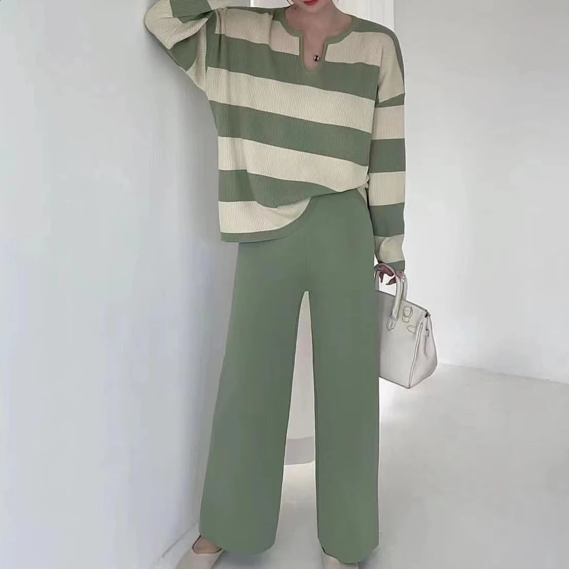 Casual Elegant Knitted 2-pieces V-neck Striped Long Sleeved Top Wide Leg Solid Loose Pants In Mathing Set Women Trend 250218