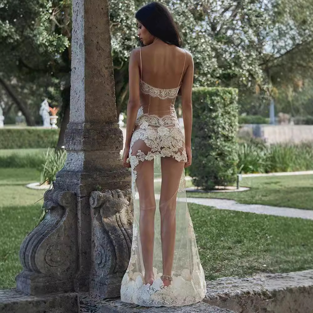 wish dress mesh lace edge embroidered fairy goddess strap long dress fish tail